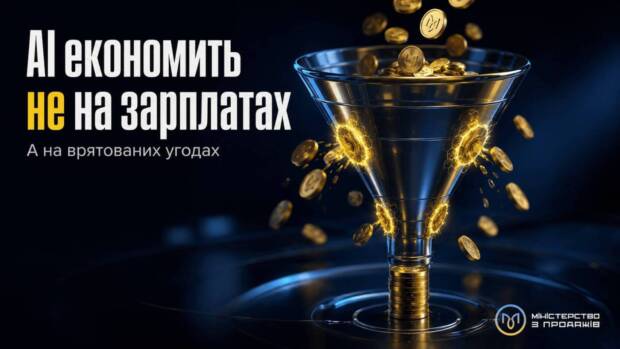 Реалістична воронка продажів із запечатаними витоками грошей, з написом «AI економить не на зарплатах» та підписом «А на врятованих угодах»