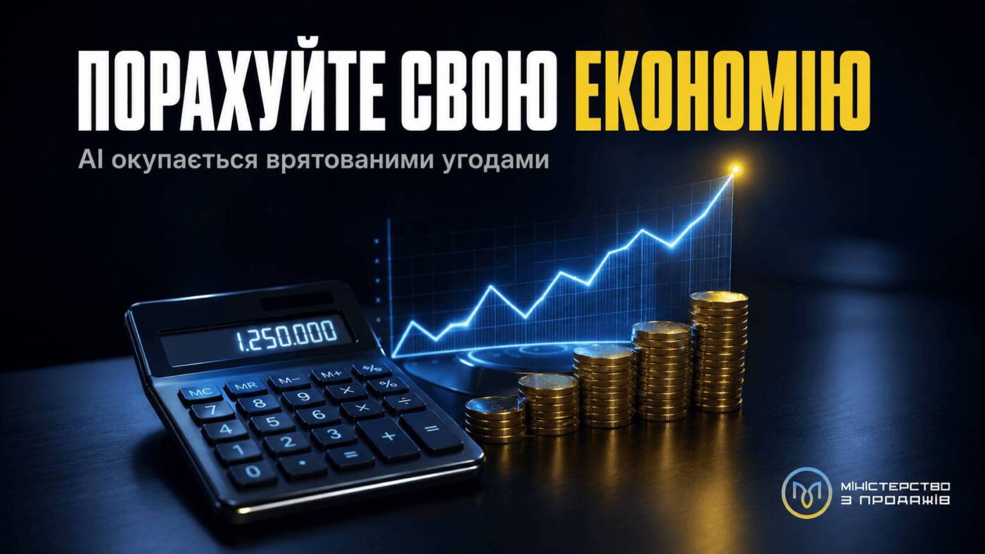 Реалістичний стіл з калькулятором, монетами і графіком зростання, з написом «Порахуйте свою економію» та підписом «AI окупається врятованими угодами»