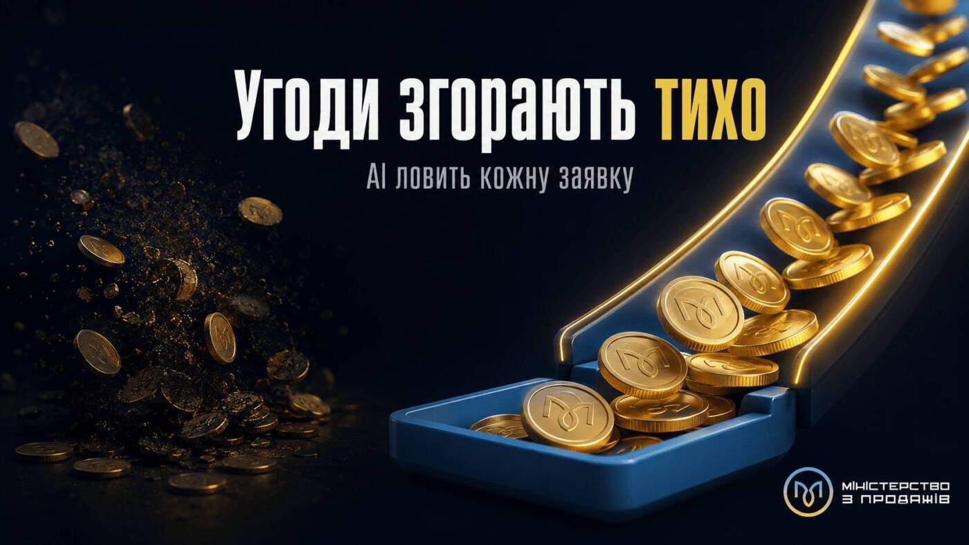 Реалістичний контраст втрачених і врятованих угод як потоків монет, з написом «Угоди згорають тихо» та підписом «AI ловить кожну заявку»